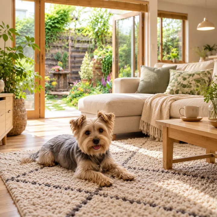 部屋でくつろぐ犬を大きく写した、ペットとの暮らしのイメージ