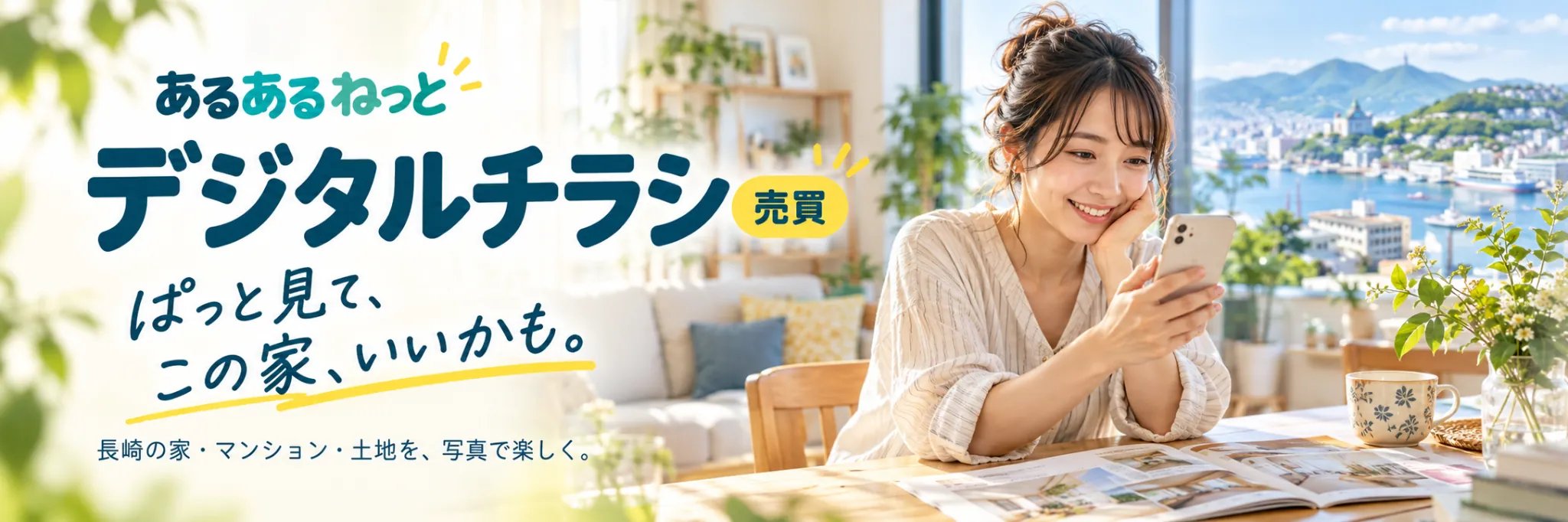 あるあるねっと デジタルチラシ・売買。ぱっと見て、この家、いいかも。長崎の家・マンション・土地を、写真で楽しく。スマートフォンを見る女性と長崎の街並みのイメージ。