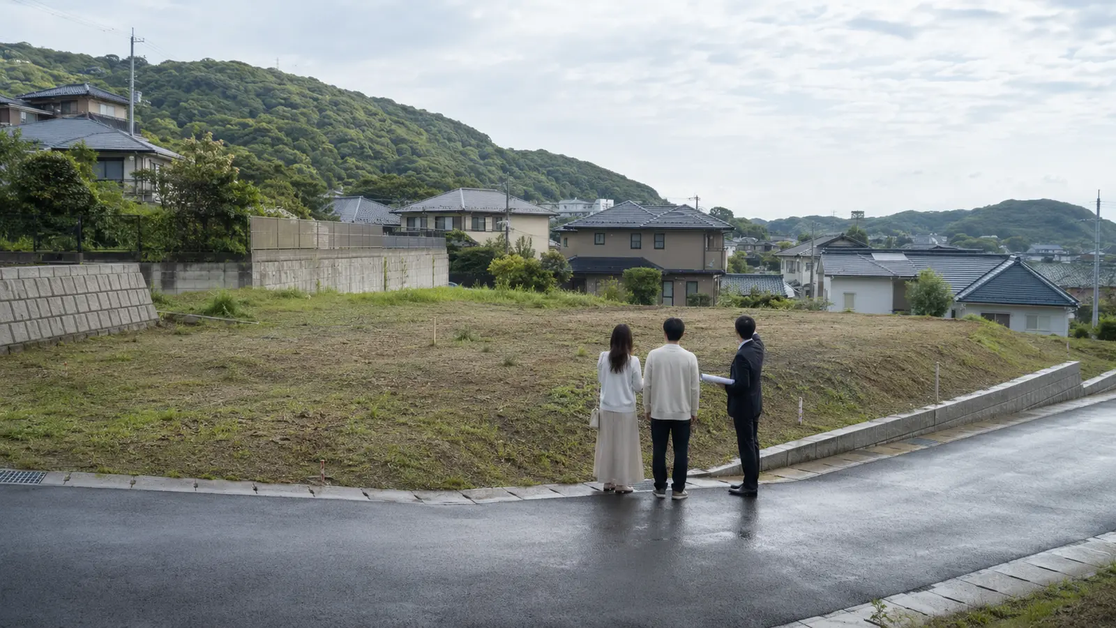 長崎県内の住宅用地を現地で確認する夫婦と担当者