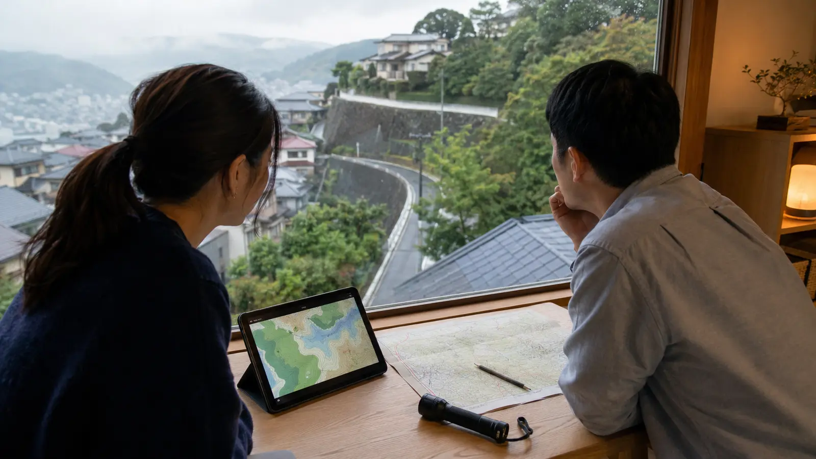 長崎の斜面住宅地を眺めながらハザードマップを確認する夫婦