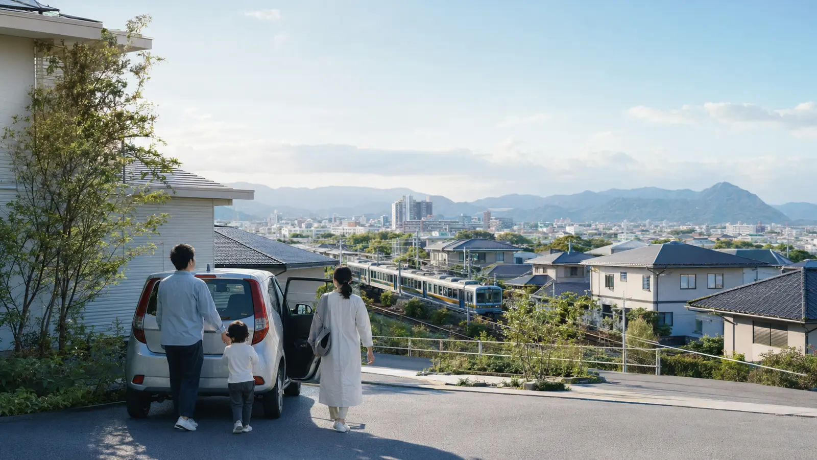 住宅地と鉄道と車のある長崎県内の暮らしの風景