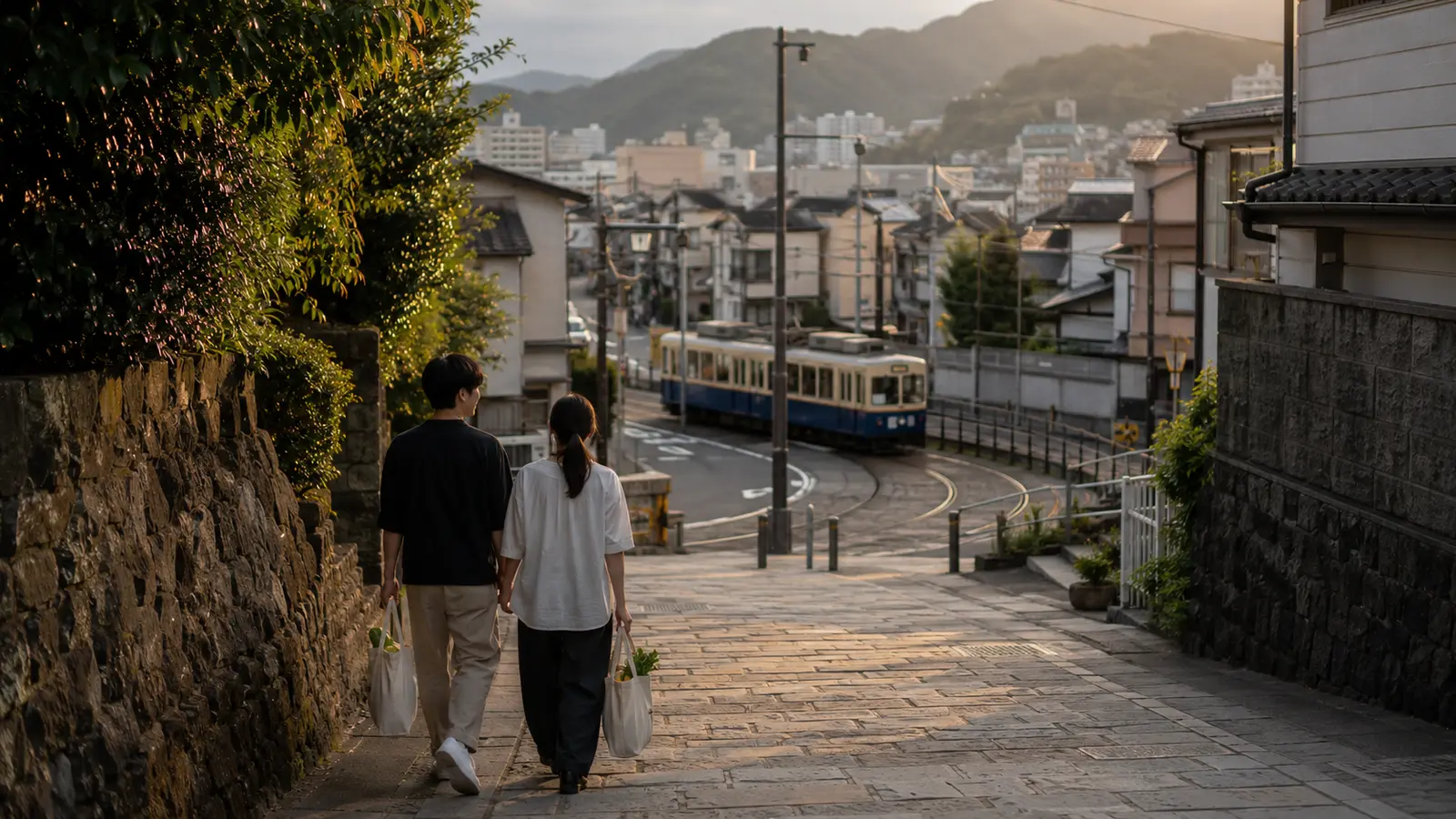 長崎の住宅地を買い物袋を持って歩く若い二人と路面電車